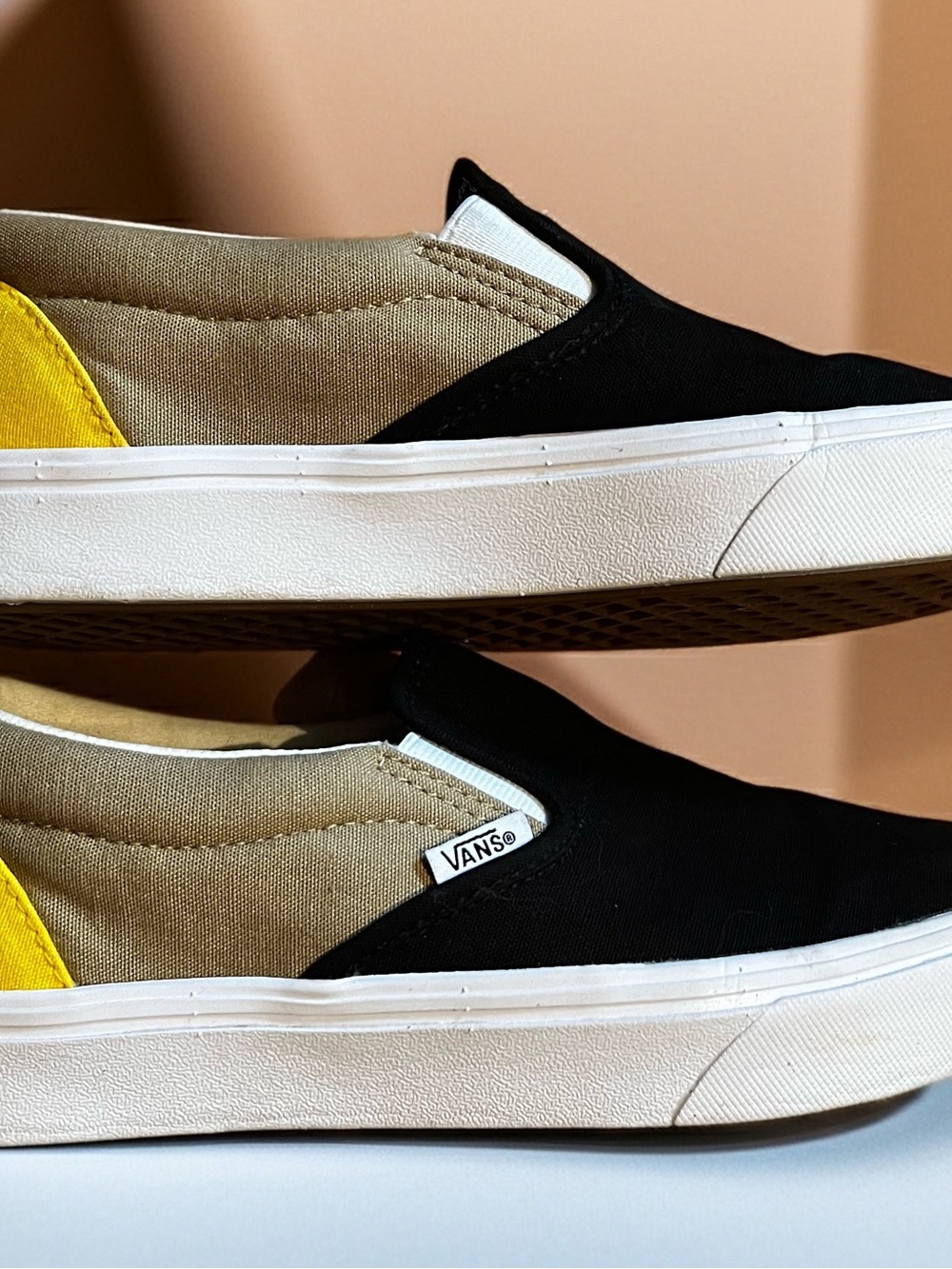 Vans Slip-On in Black, Tan & Yellow Accent
